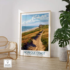 Norfolk Coast Print displaying scenic coastal landscape in a stylish interior setting.