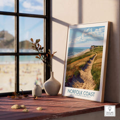 Norfolk Coast Print featuring a serene coastal landscape, beautifully displayed in a bright, airy interior.