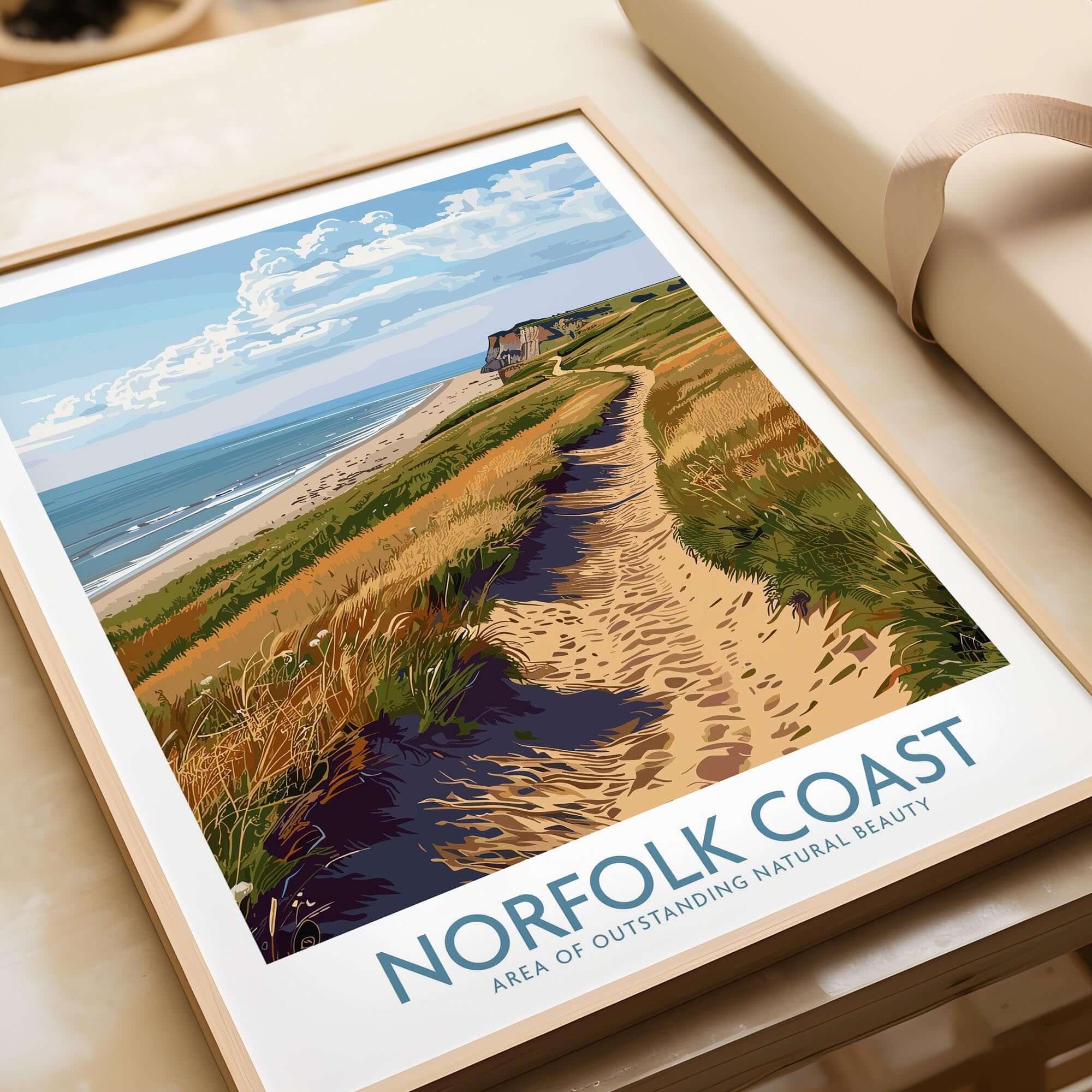 Norfolk Coast Print showcasing a serene coastal landscape with beach, paths, and dramatic skies.