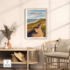 Norfolk Coast Travel Poster showcasing scenic coastal views and landscapes in a modern home decor setting.