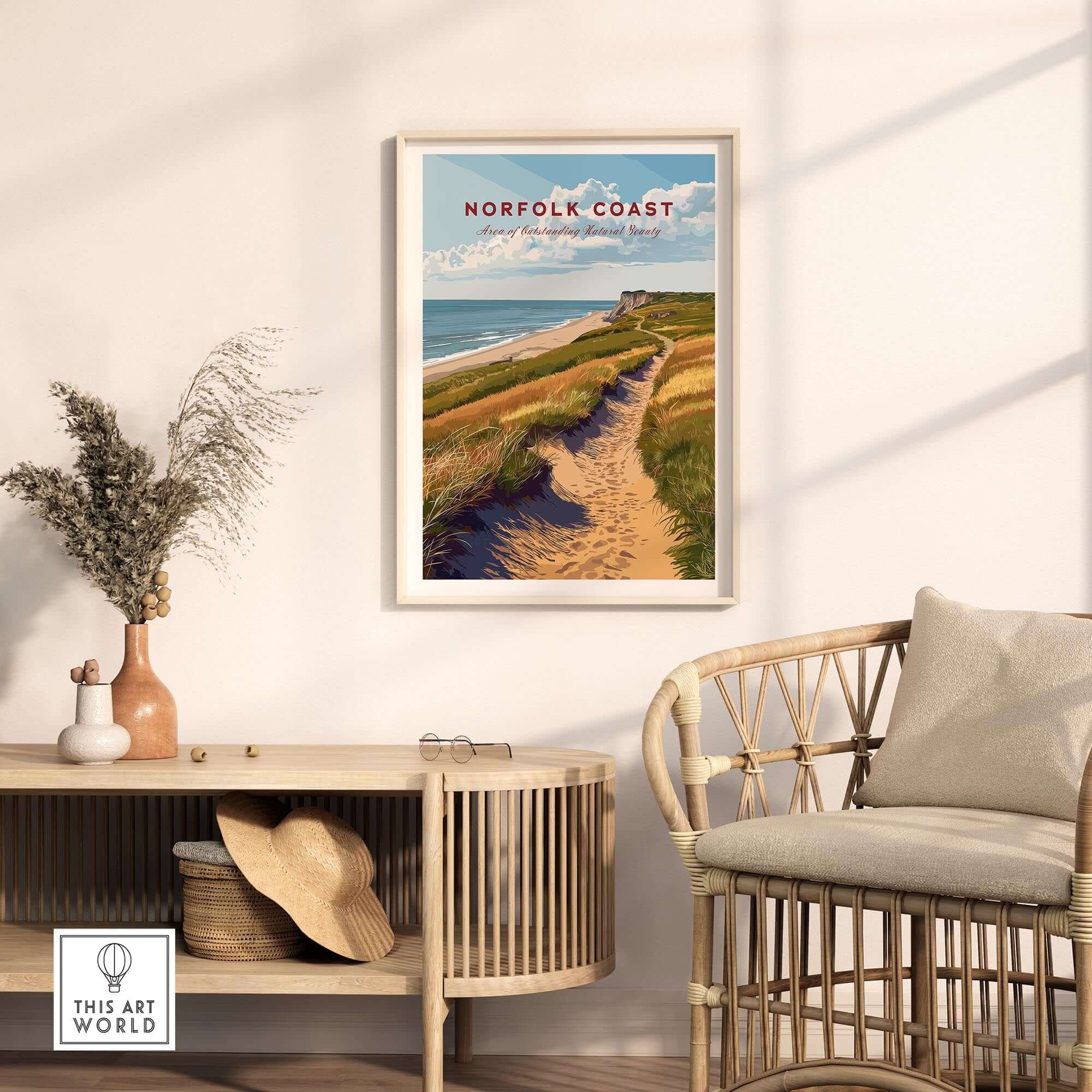 Norfolk Coast Travel Poster showcasing scenic coastal views and landscapes in a modern home decor setting.