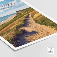 Norfolk Coast Travel Poster showcasing scenic coastal landscapes and picturesque pathways.