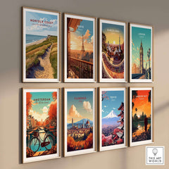 Norfolk Coast Travel Poster among various city travel posters on wall, showcasing scenic landscapes.