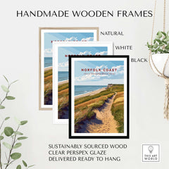 Norfolk Coast Travel Poster framed in black, white, and natural wood frames, showcasing stunning coastal views.