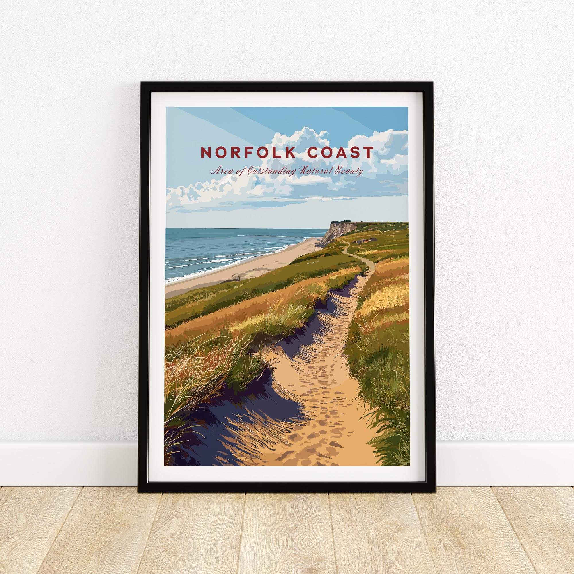 Norfolk Coast Travel Poster showcasing scenic coastal views and beautiful landscapes in a stylish frame.