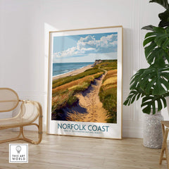 Norfolk Coast Travel Print showcasing stunning coastal landscape in a home setting, highlighting natural beauty.