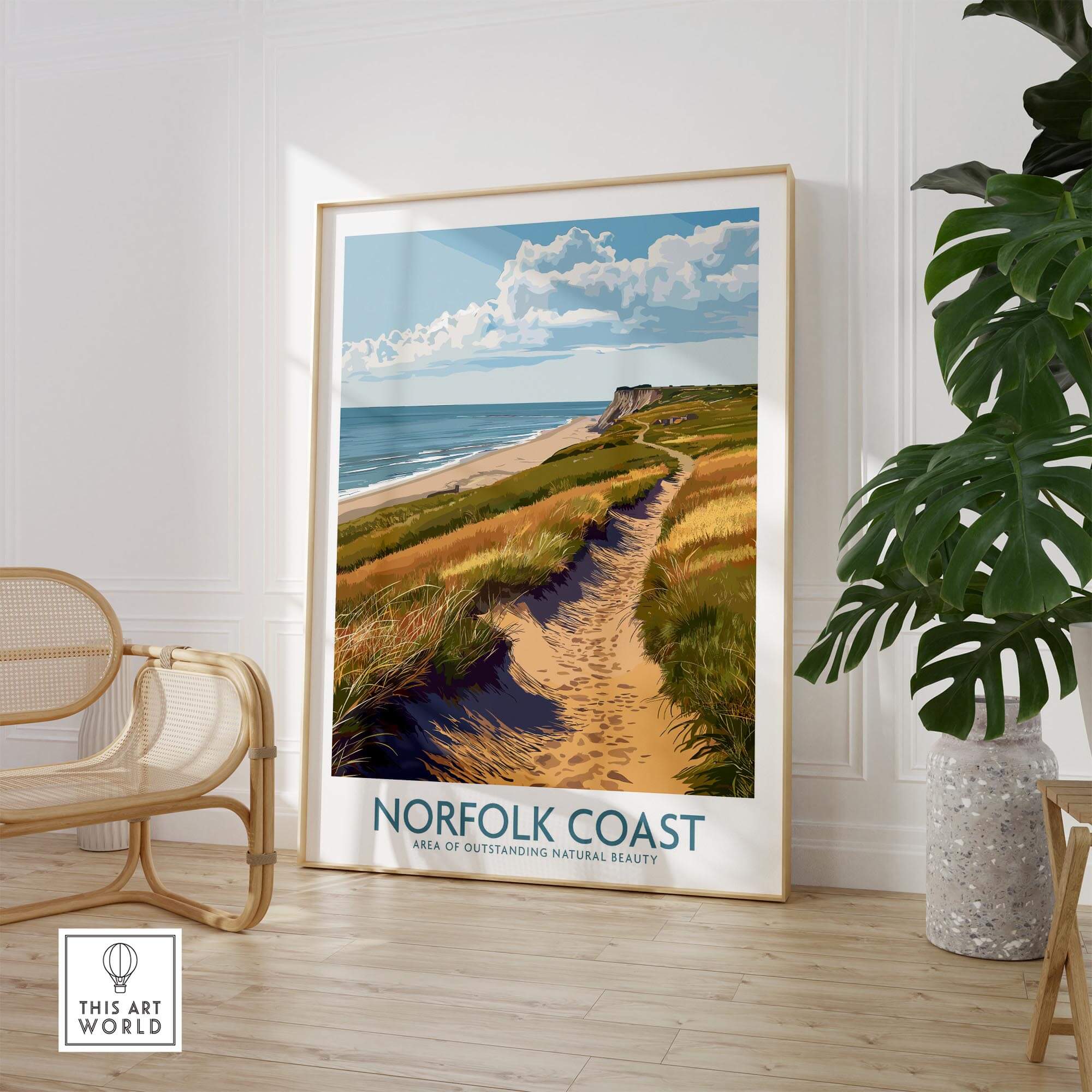 Norfolk Coast Travel Print showcasing stunning coastal landscape in a home setting, highlighting natural beauty.