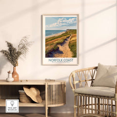 Norfolk Coast Travel Print showcasing scenic coastal landscape with grass path and sky.