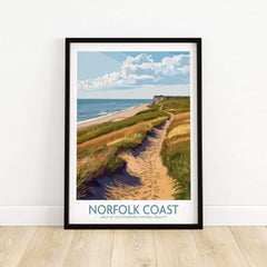 Norfolk Coast Travel Print showcasing a coastal landscape with golden grasses and blue skies.