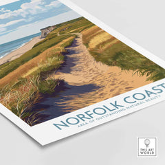 Norfolk Coast Travel Print showcasing a coastal landscape and path through grass, emphasizing natural beauty.