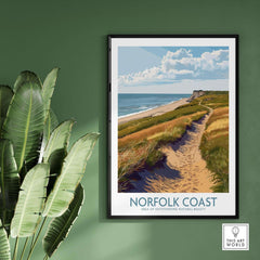 Norfolk Coast Travel Print showcasing stunning coastal landscape with sandy path and greenery.