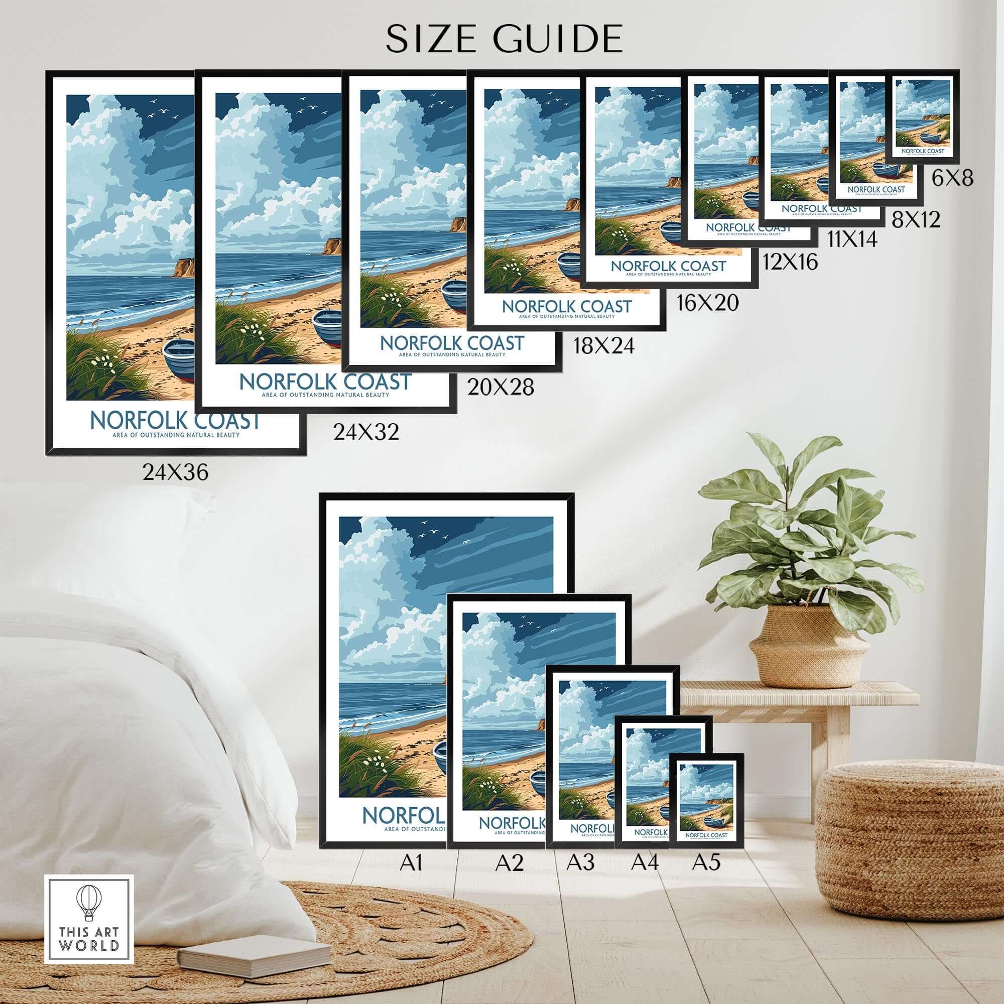 Norfolk Coast Wall Art size guide featuring various print dimensions and coastal scenery.