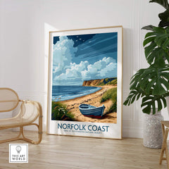 Norfolk Coast Wall Art print featuring a serene coastal landscape with a boat and unspoiled scenery.