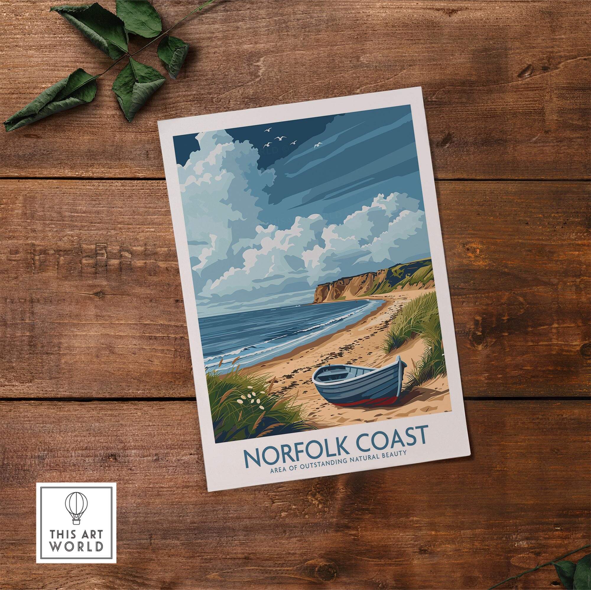 Norfolk Coast Wall Art print showcasing serene coastal landscape and boat on the beach.