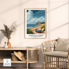 Norfolk Coast Wall Art print featuring a scenic beach with boat, adding coastal charm to home decor.