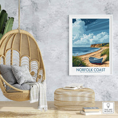 Norfolk Coast Wall Art featuring a scenic beach landscape and a boat, perfect for home decor.
