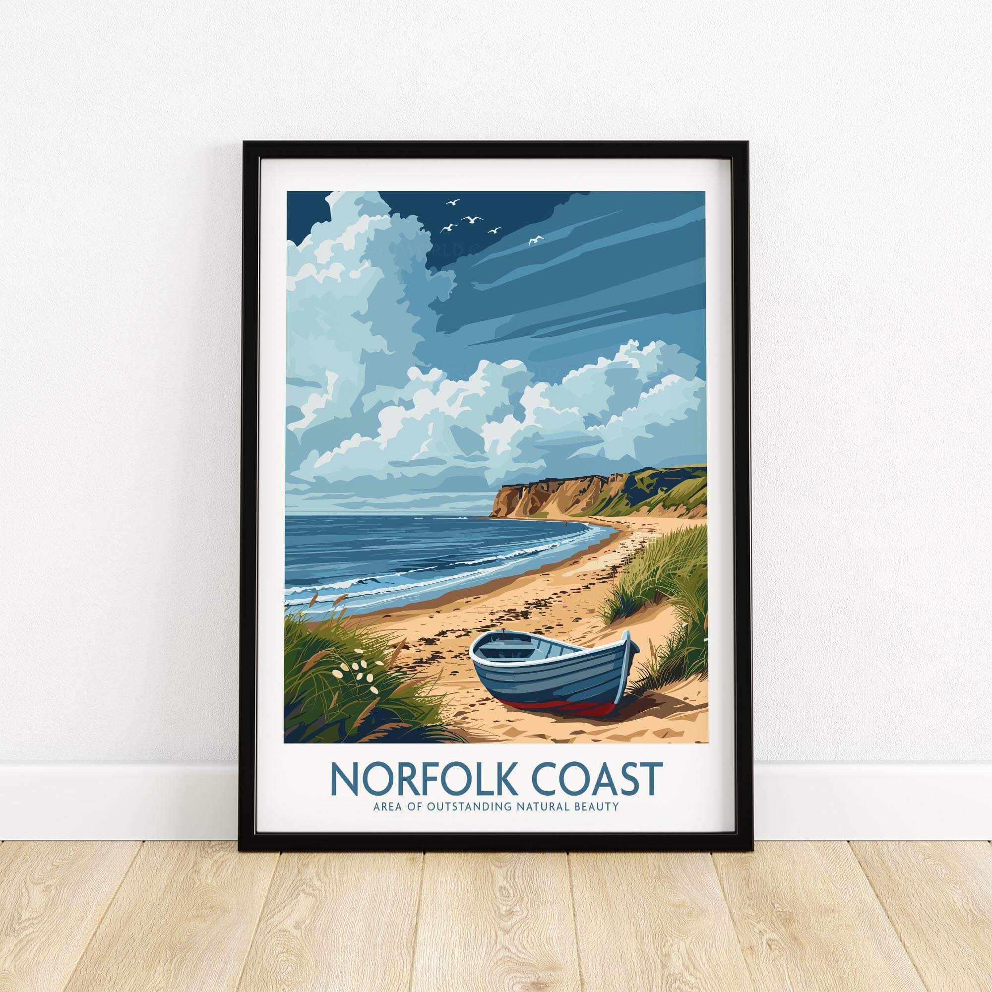 Norfolk Coast Wall Art showcasing serene beach, clouds, and iconic boat in a natural beauty landscape.