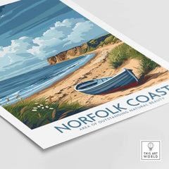 Norfolk Coast Wall Art showcasing a serene beach scene with a blue boat and coastal landscape.