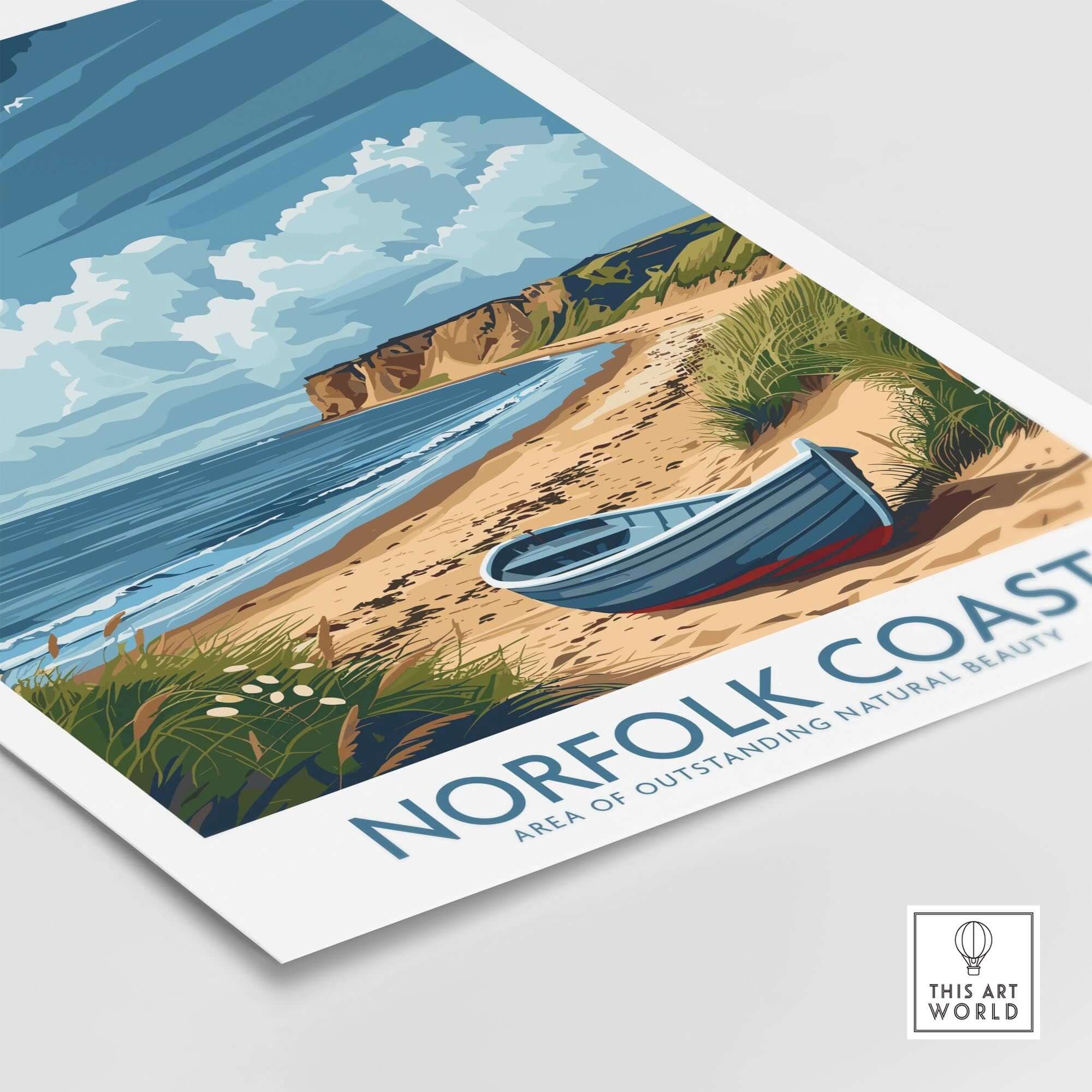 Norfolk Coast Wall Art showcasing a serene beach scene with a blue boat and coastal landscape.