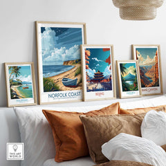 Norfolk Coast Wall Art display featuring various landscape prints on a modern home decor setup.