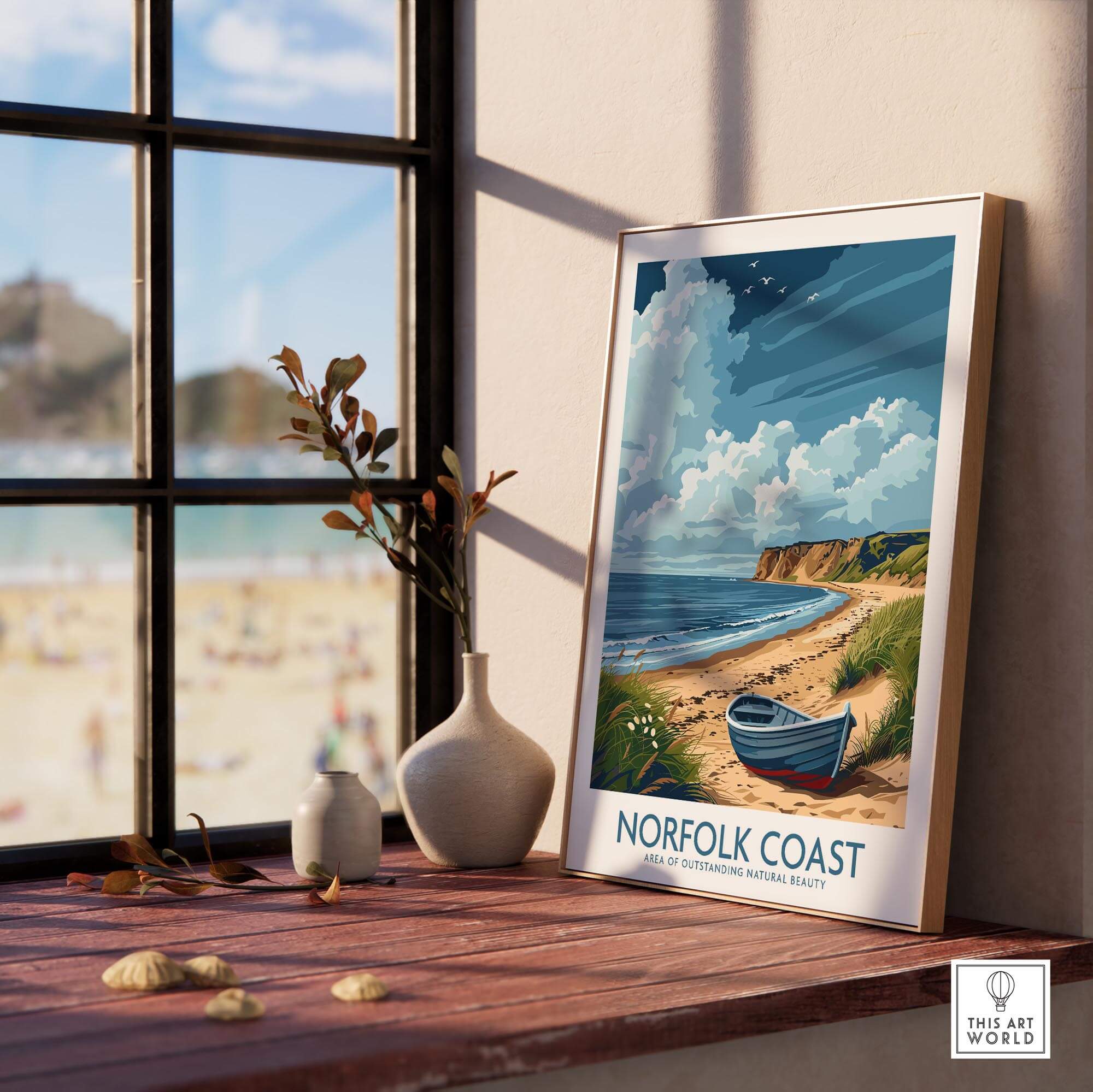 Norfolk Coast Wall Art showcasing serene coastal landscape and iconic boat, perfect for home decor.