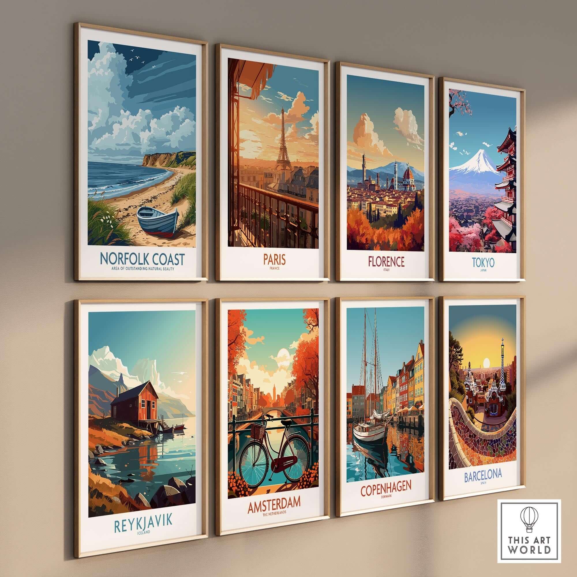 Norfolk Coast Wall Art featuring serene coastal landscapes and iconic landmarks from various cities.