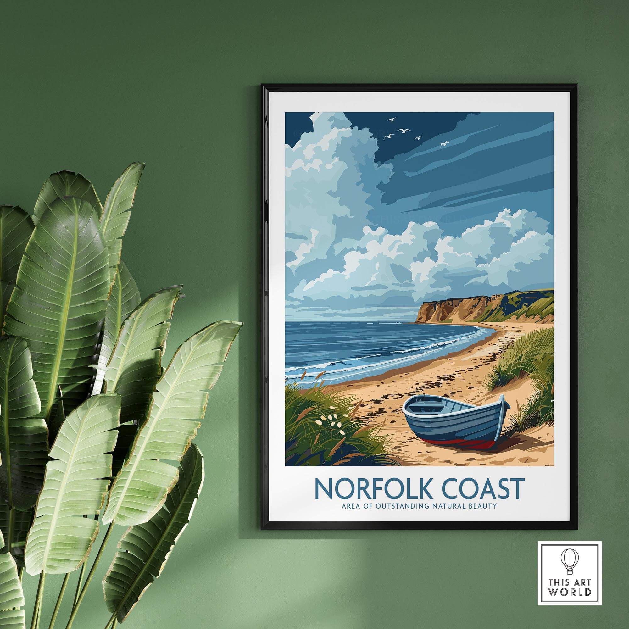 Norfolk Coast Wall Art featuring serene beach scene and coastal landscape, highlighting England's Area of Outstanding Natural Beauty.