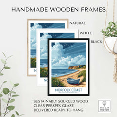 Norfolk Coast Wall Art framed prints in natural, white, and black handmade frames showcasing coastal scenery.