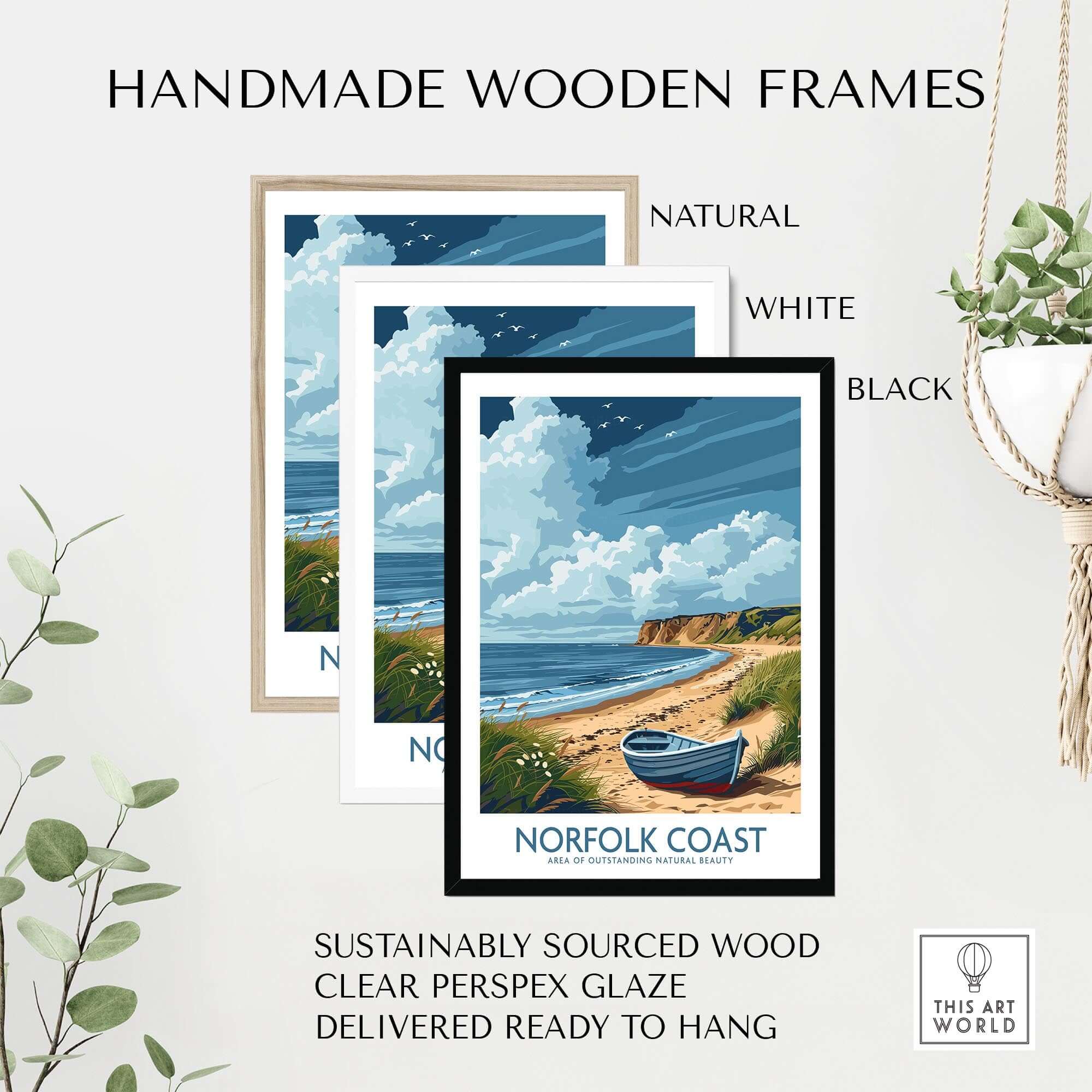 Norfolk Coast Wall Art framed prints in natural, white, and black handmade frames showcasing coastal scenery.