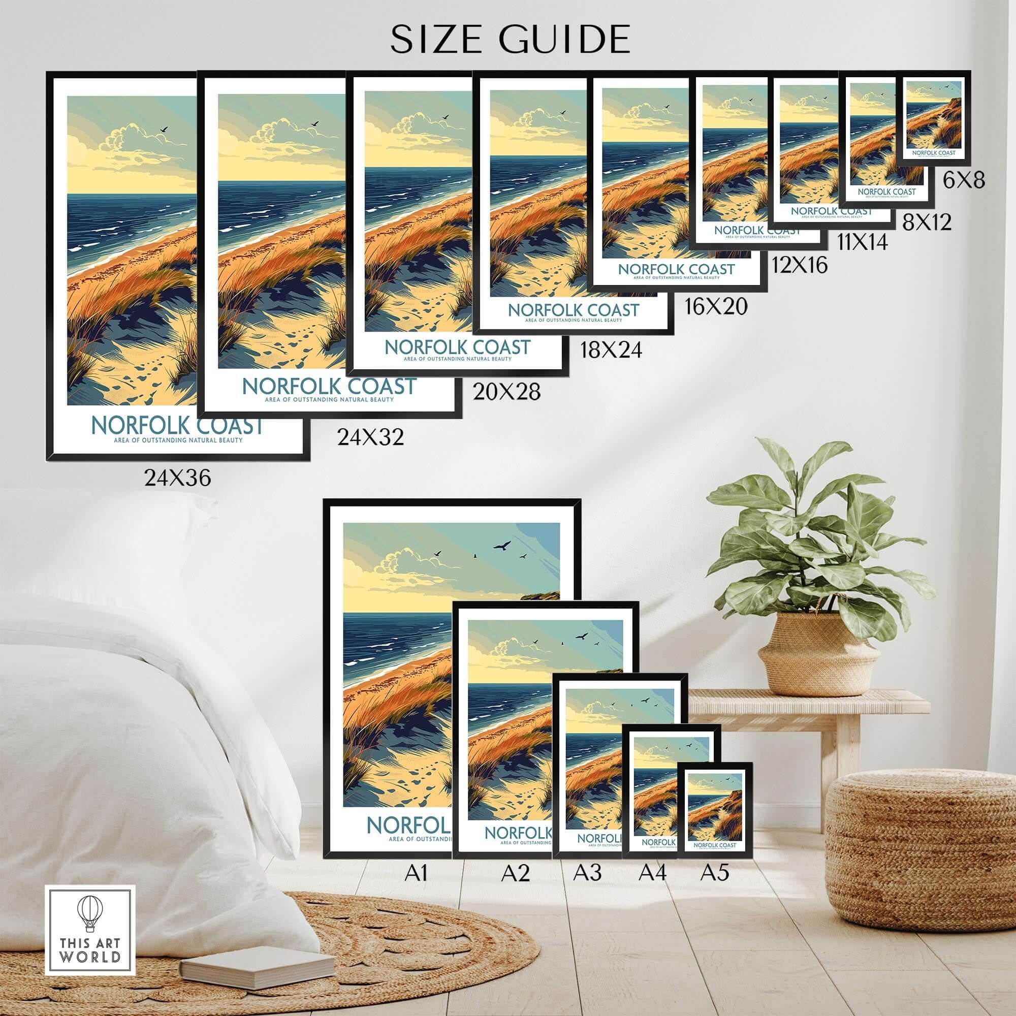 Size guide for Norfolk Coast Wall Art Print showcasing various dimensions for wall decor.