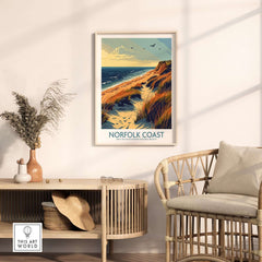 Norfolk Coast Wall Art Print displayed in a stylish interior with coastal landscape design and warm colors.