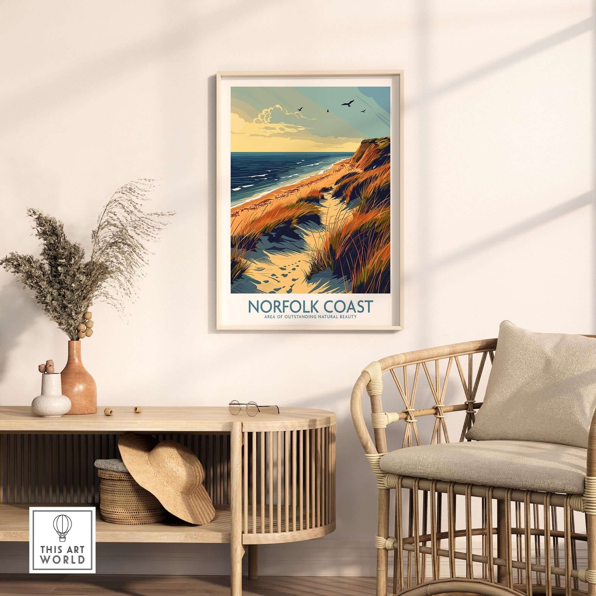 Norfolk Coast Wall Art Print displayed in a stylish interior with coastal landscape design and warm colors.
