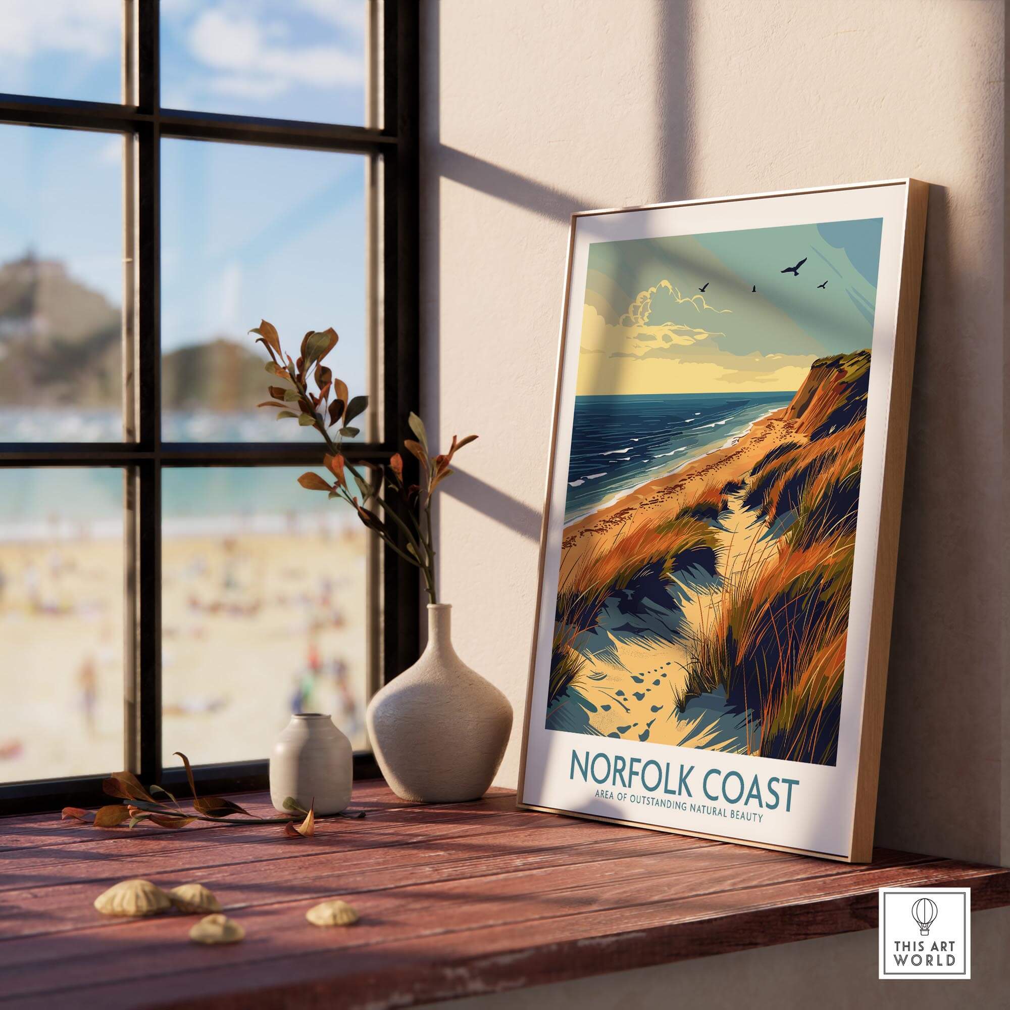 Norfolk Coast Wall Art Print displayed indoors, highlighting serene coastal landscape and natural beauty.
