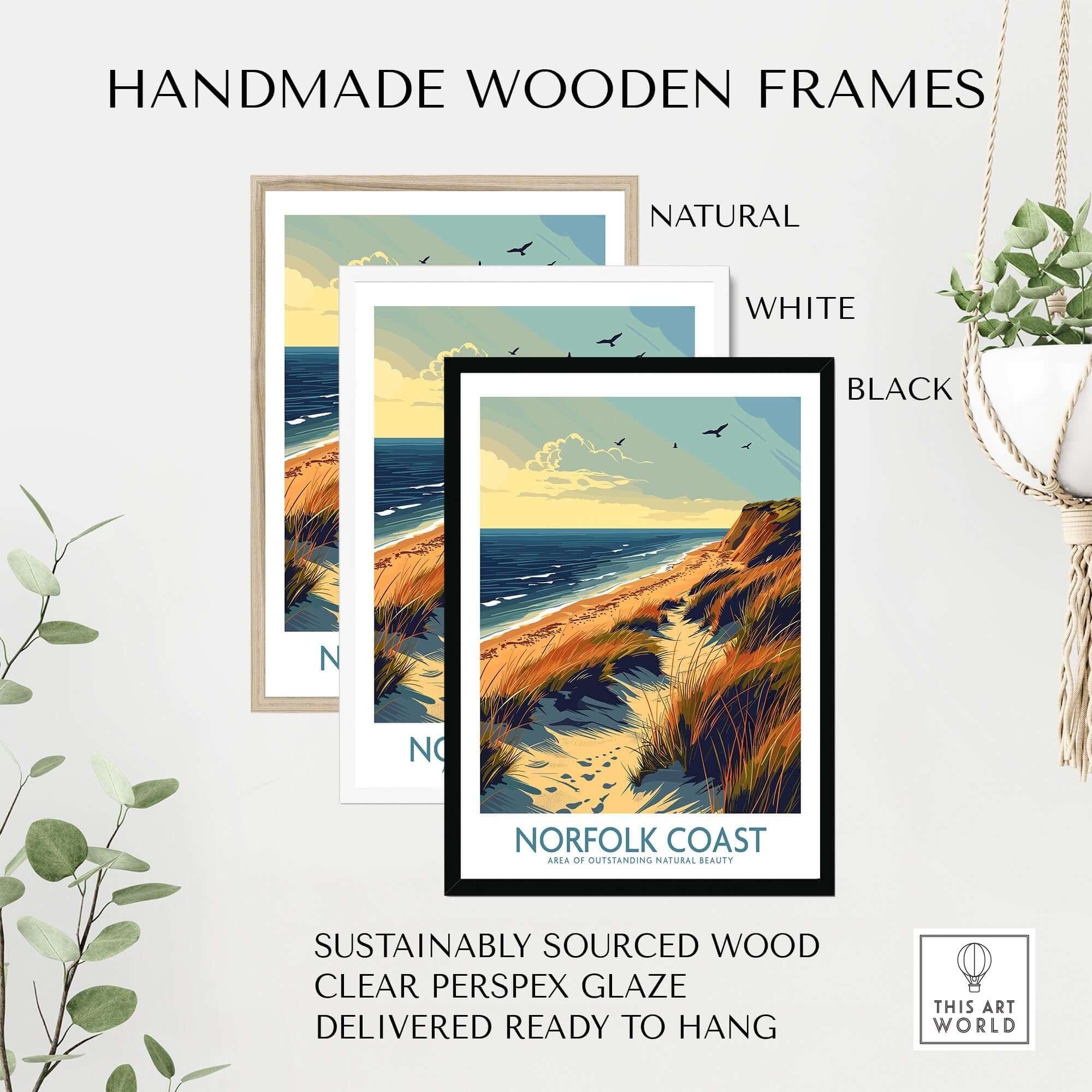 Handmade wooden frames for Norfolk Coast Wall Art Print in natural, white, and black finishes.
