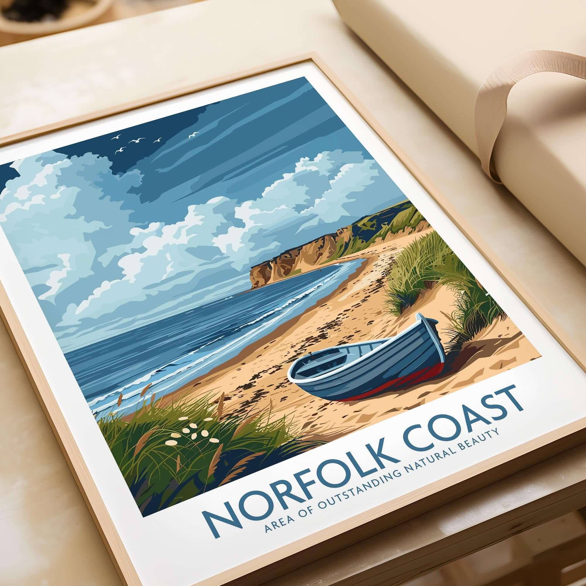 Norfolk Coast Wall Art print featuring a boat on the beach with a serene coastal landscape.