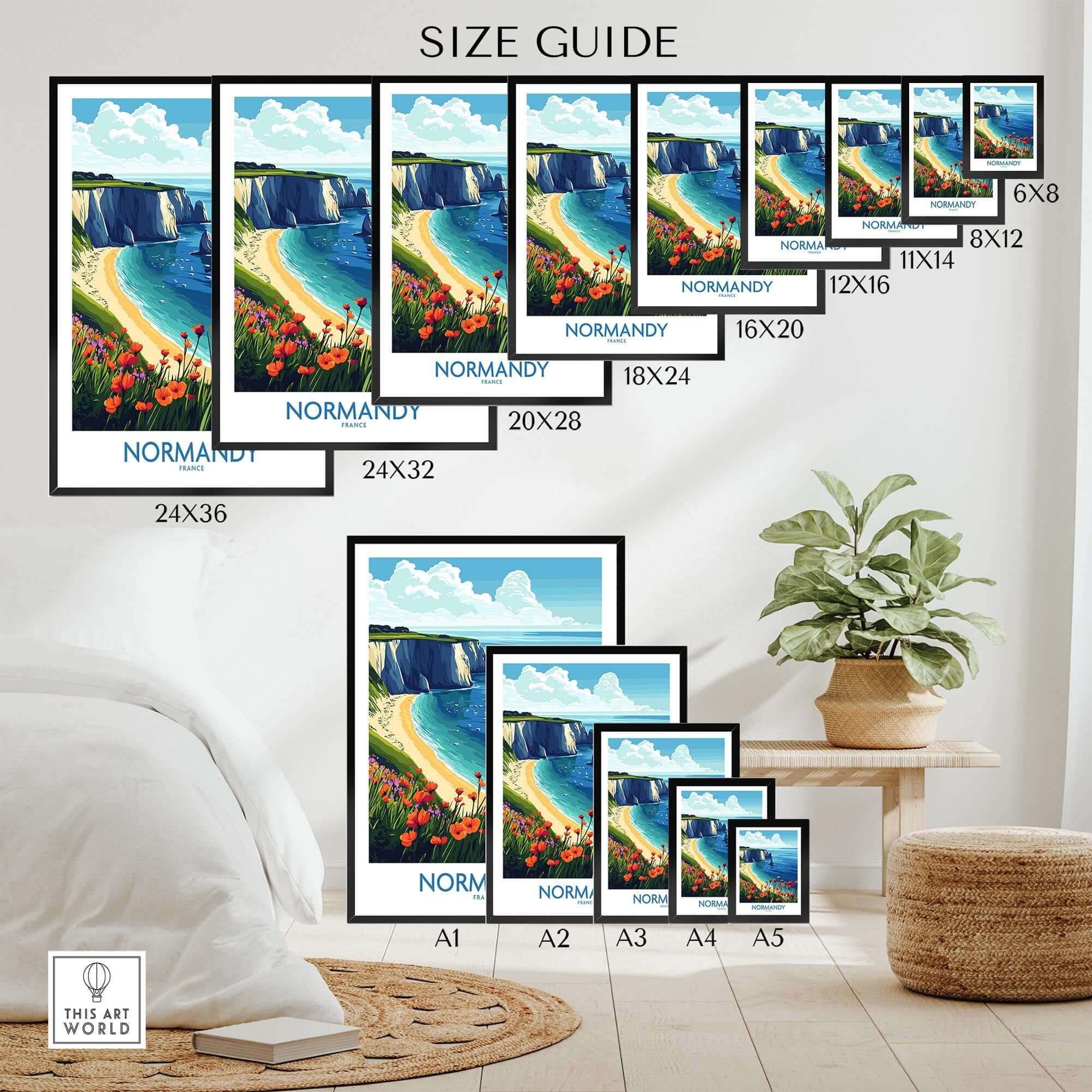 Normandy Poster France size guide featuring various frame options in a beautiful room setting.