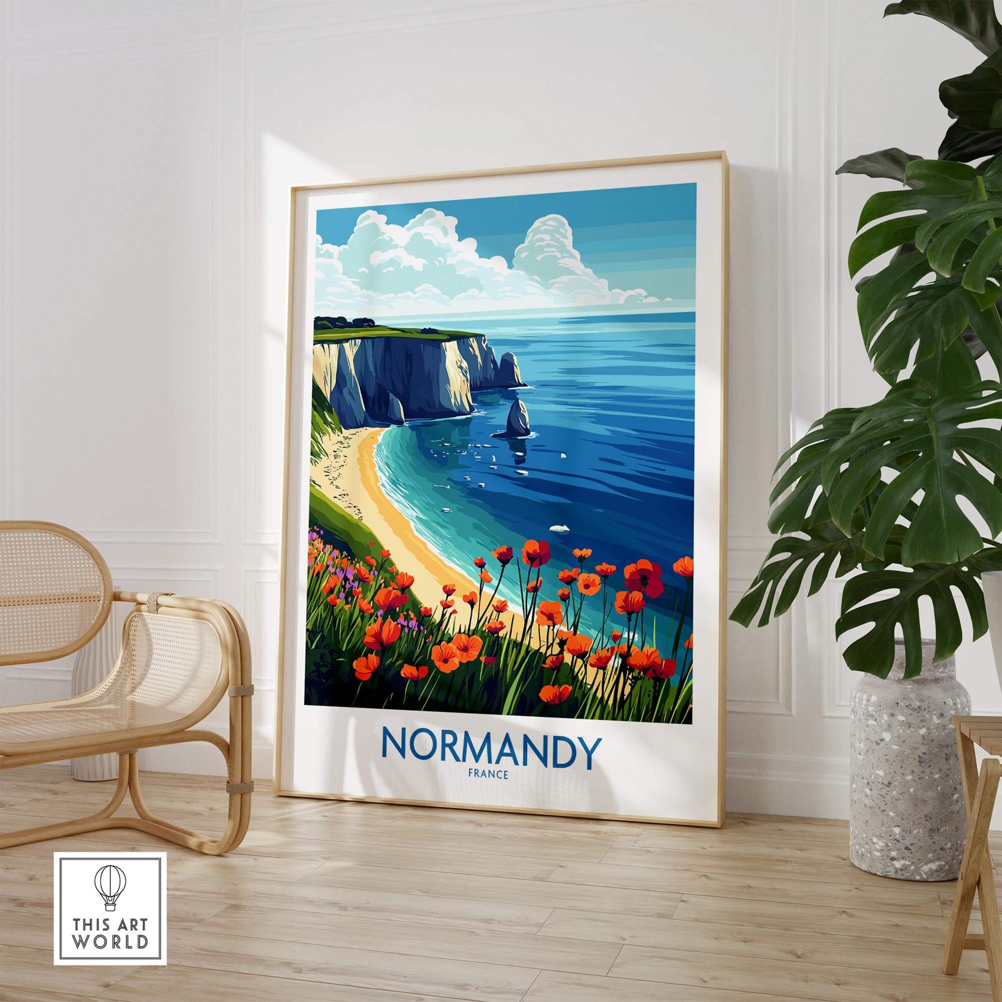 Normandy Poster France featuring the beautiful coast of Normandy with vibrant flowers in a modern interior setting.