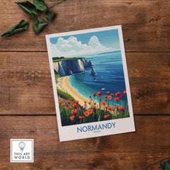 Normandy Poster France showcasing the stunning cliffs and vibrant flowers of the French coast.