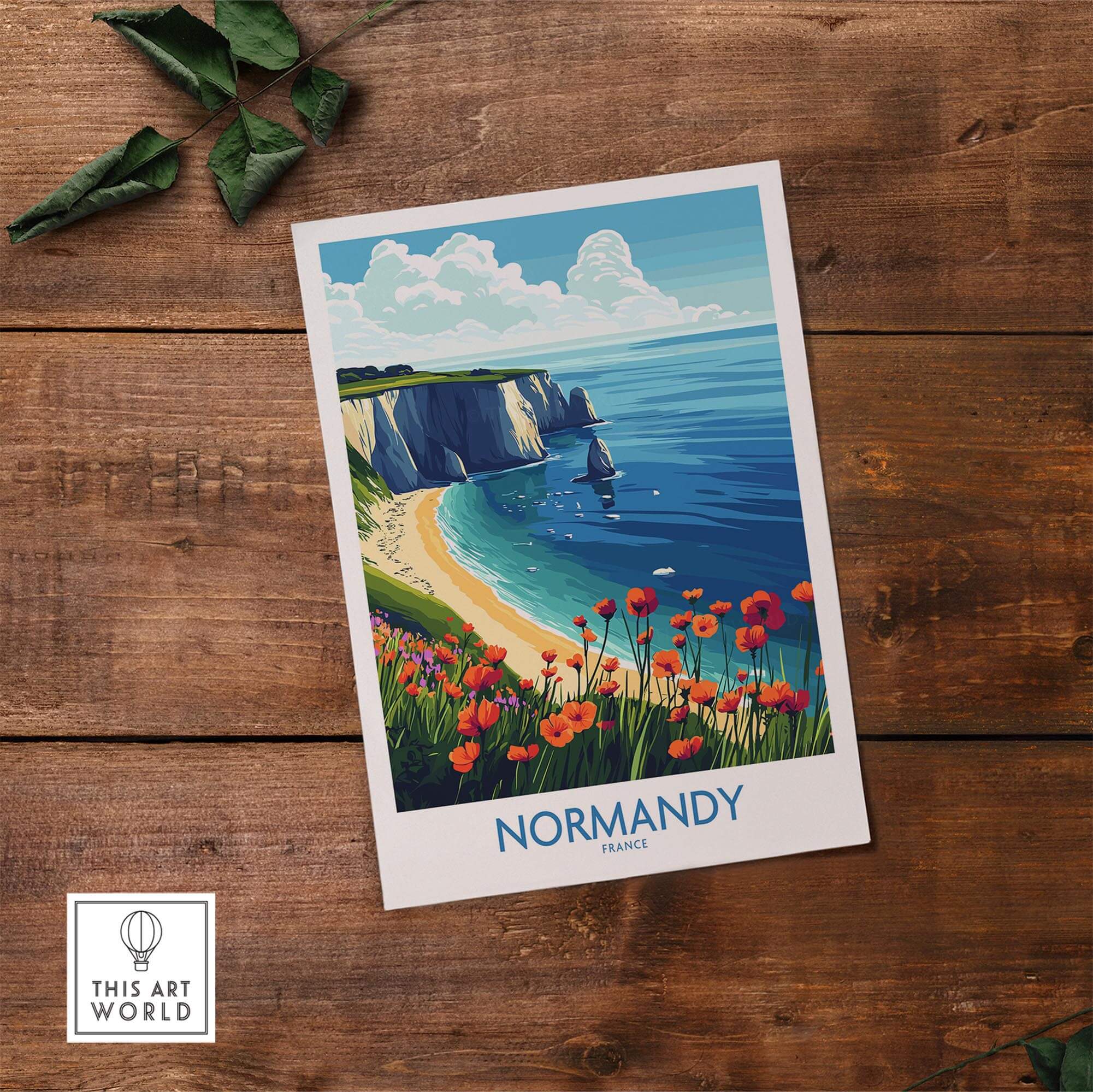 Normandy Poster France showcasing the stunning cliffs and vibrant flowers of the French coast.