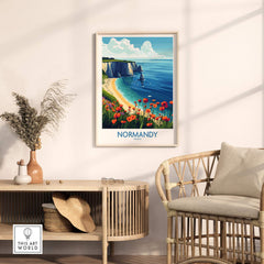 Normandy Poster France featuring stunning coastal scene with vibrant flowers and blue ocean.