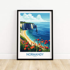 Normandy Poster France featuring vibrant cliffside coastal scene with flowers and a sailboat in the background.