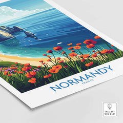 Normandy Poster France featuring vibrant flowers and stunning coastal scenery of Normandy, a perfect wall art print.