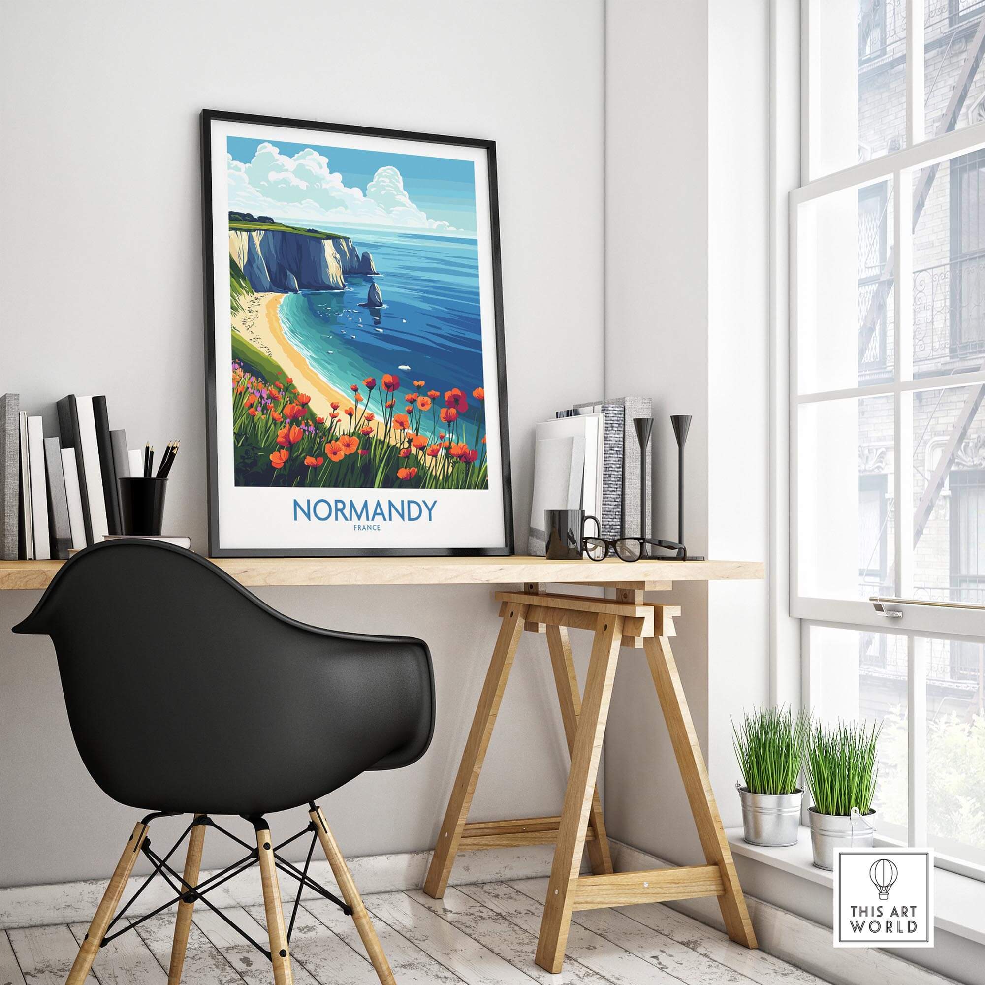 Normandy Poster France showcasing stunning coastal views and vibrant flowers in a modern home office setting.