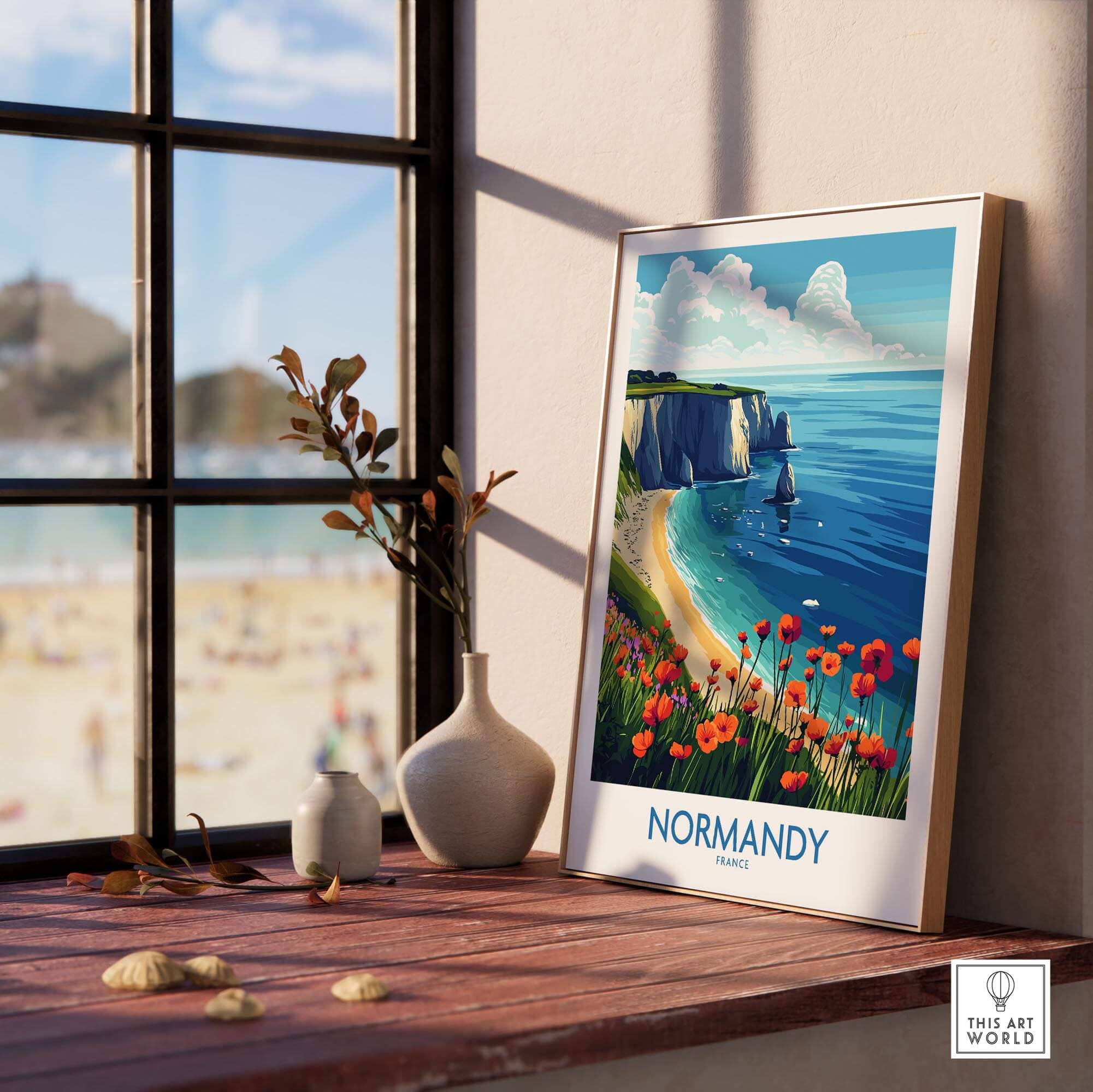 Normandy Poster France showcasing vibrant flowers and coastal scenery from Normandy, perfect wall art for travelers.