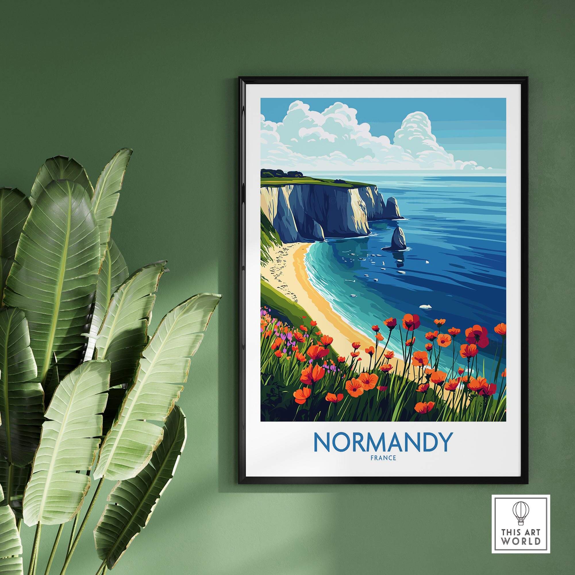 Normandy Poster France featuring the stunning coastal scenery and vibrant flowers of Normandy.