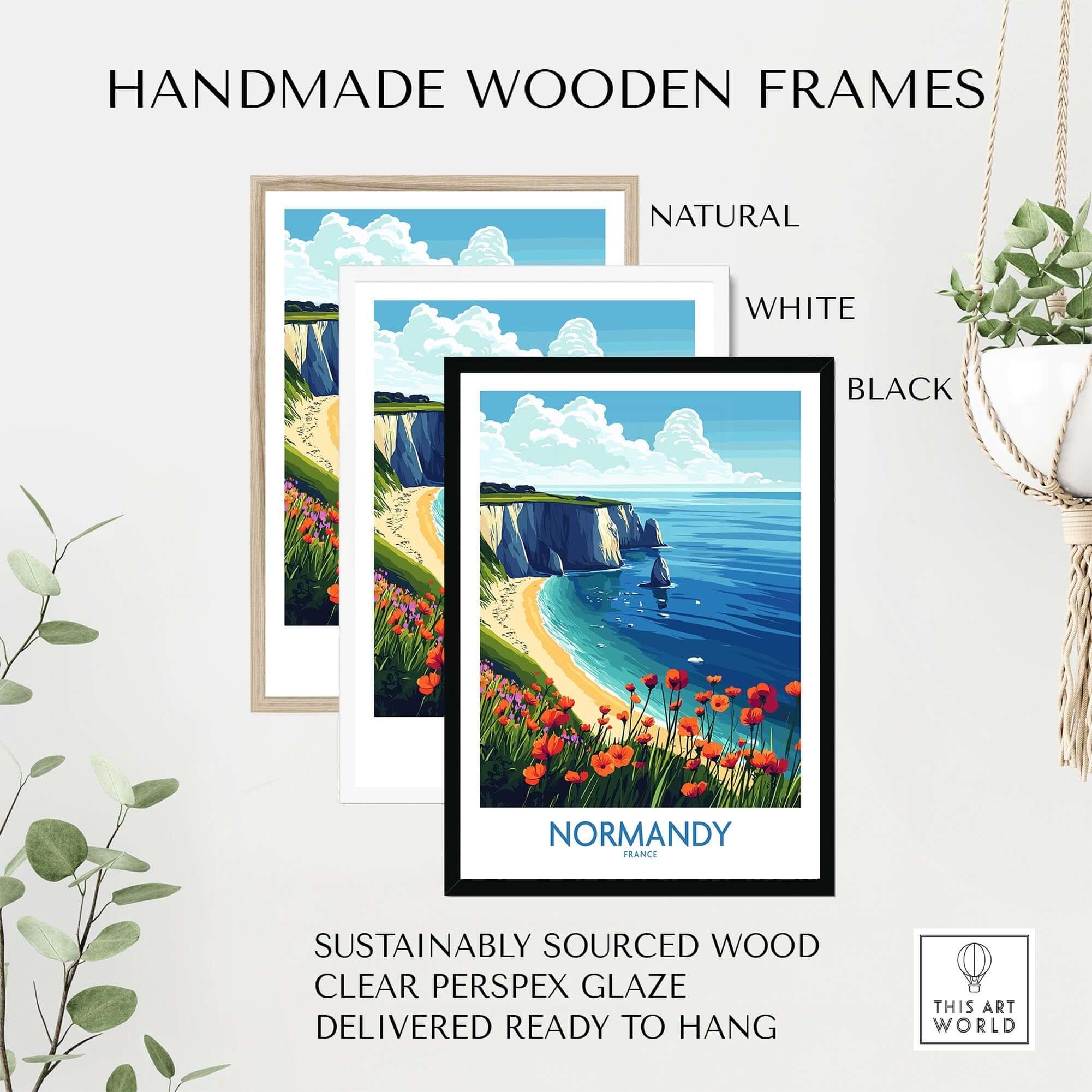 Normandy Poster France displayed in handmade wooden frames; natural, white, and black options; perfect wall art.