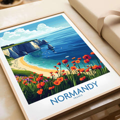 Normandy Poster France showcasing the stunning French coast with vibrant flowers and a beautiful ocean view.