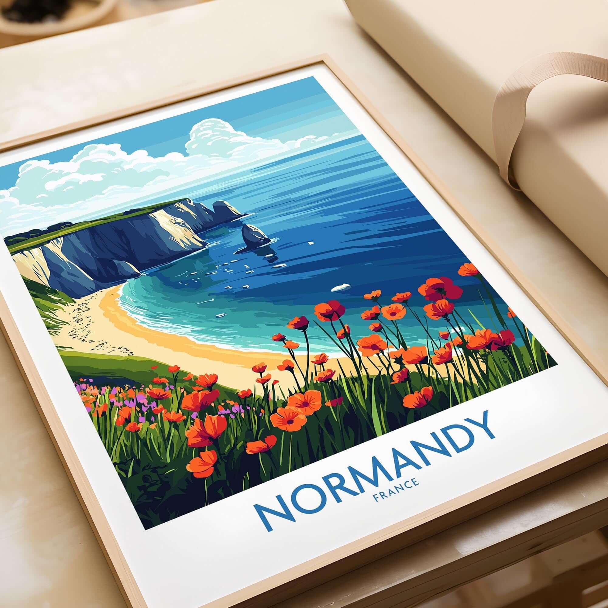 Normandy Poster France showcasing the stunning French coast with vibrant flowers and a beautiful ocean view.