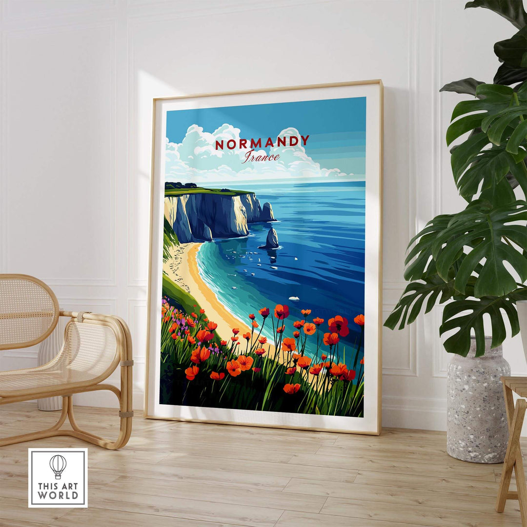 Normandy print featuring coastal scenery and vibrant flowers, showcasing France's charm in wall art poster format.