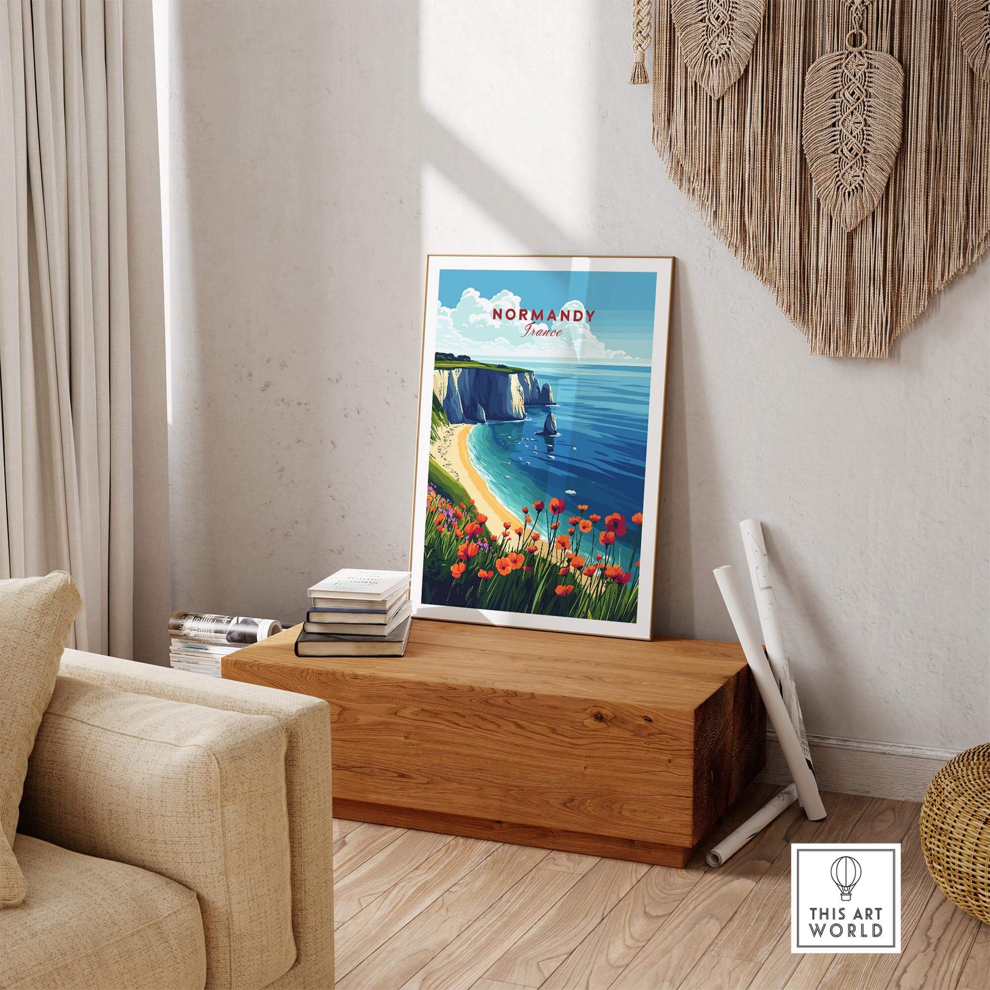 Normandy Print France featuring the picturesque coast and vibrant flowers in a stylish home setting.